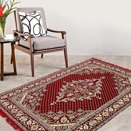 Kuber Industries Maroon & Beige Traditional Printed Superfine Velvet Anti-Skid Carpet-47