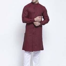 KLOTTHE Men Maroon & White Solid Pure Cotton Kurta with Churidar Pyjamas-14