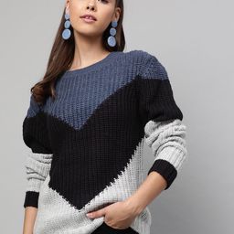 STREET 9 Women Blue & Black Colourblocked Pullover Sweater-image-69