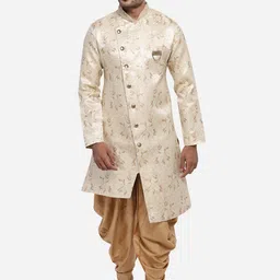 azania Men Cream-Coloured & Brown Woven Design Kurta with Dhoti Pants-image-43