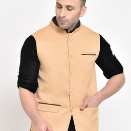Hangup Men Beige Solid  Nehru Jacket-20