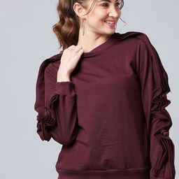 Athena Women Burgundy Solid Asymmetric Sleeve Sweatshirt-image-35