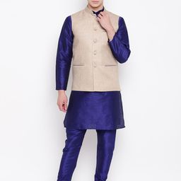MAG Men Navy Blue & Beige Solid Kurta with Churidar & Jute Nehru Jacket-5