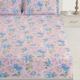 SWAYAM Pink & Blue Floral Fitted 144 TC Cotton 1 Queen Bedsheet with 2 Pillow Covers-image-38