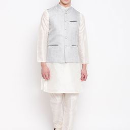 MAG Men Cream-Coloured & Grey Solid Kurta with Churidar & Nehru Jacket-12