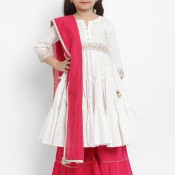 Bitiya by Bhama Girls White Khari Print Kurti with Pink Sharara & Chandri Dupatta-image-17
