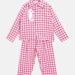Kids Clan Unisex Kids Pink & White Checked Night Suit-image-46