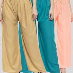 Clora Creation Women Tan & Teal Set of 3 Knitted Ethnic Palazzos-image-98