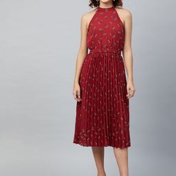 RARE Women Maroon Printed Accordion Pleated Fit & Flare Dress-image-51