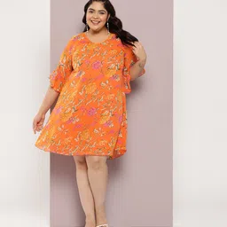 Qurvii+ Plus Size Floral Print Bell Sleeve Georgette A-Line Dress-image-27