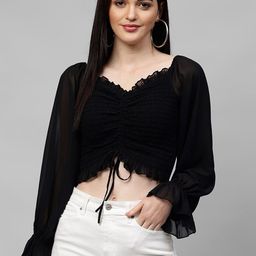 Athena Black Bell Sleeves Georgette Crop Top-picture-16
