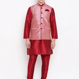 MAG Men Maroon & Pink Solid Kurta with Churidar & Nehru Jacket-image-85