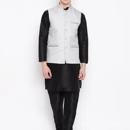 MAG Men Black & Grey Solid Kurta with Churidar & Nehru Jacket-image-10