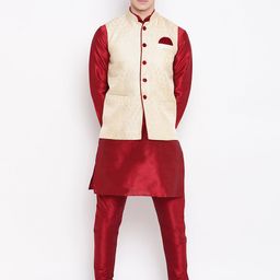MAG Men Red & Beige Solid Kurta with Churidar & Nehru Jacket-1