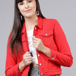 Tokyo Talkies Women Red Solid Denim Jacket-53