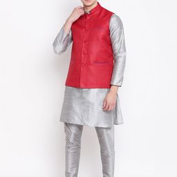 MAG Men Silver Solid Kurta with Churidar & Nehru Jacket-picture-22