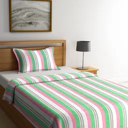 KLOTTHE Green & White Striped Cotton Single Bed Cover With 1 Pillow Cover-image-38