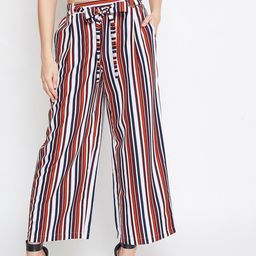 PURYS Women White & Rust Brown Flared Striped Culottes-image-3