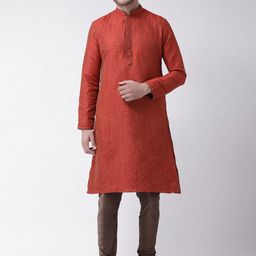 DEYANN Men Red & Brown Self Design Kurta with Churidar-picture-19