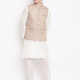 MAG Men Off-White & Beige Self Design Kurta with Churidar & Jute Nehru Jacket-4