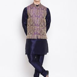 MAG Men Navy Blue & Purple Solid Kurta with Churidar & Nehru Jacket-40