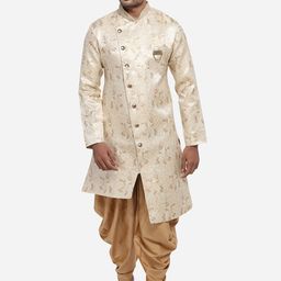azania Men Cream-Coloured & Brown Woven Design Kurta with Dhoti Pants-picture-19