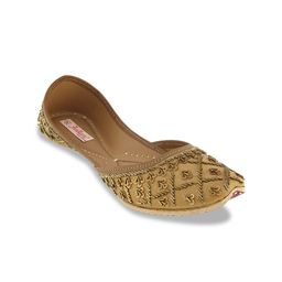 Fulkari Women Khaki & Bronze-Toned Embellished Leather Mojaris-14