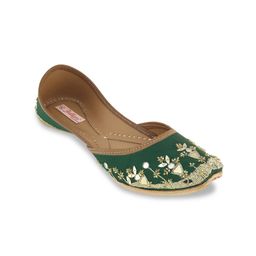 Fulkari Women Green & Gold-Toned Embellished Leather Mojaris-picture-1