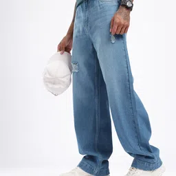 glitchez Men Grunge Cool Wide Leg Mildly Distressed Light Fade Jeans-image-68