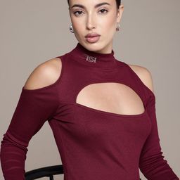 bebe High Neck Cold-Shoulder Cut-Outs Ribbed Fitted Top-picture-29