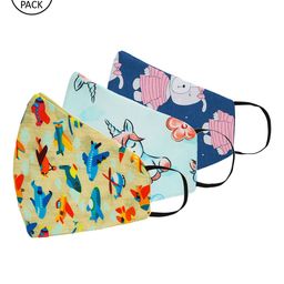 Tossido Kids Pack Of 3 Blue & Pink Printed 3-Ply Cloth Face Masks-58