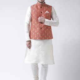 DEYANN Men Red & Off-White Self Design Kurta with Churidar-picture-15