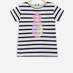Cherry Crumble Girls White Striped Round Neck T-shirt-image-91