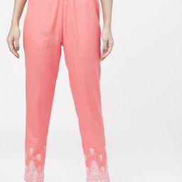 Vishudh Women Coral Pink Pure Cotton Slim Fit Solid Regular Trousers-picture-20