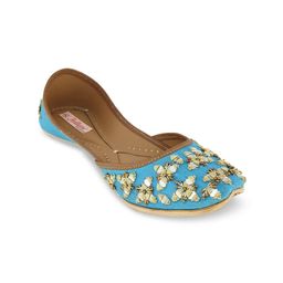 Fulkari Women Turquoise Blue & Gold-Toned Embellished Leather Mojaris-image-59