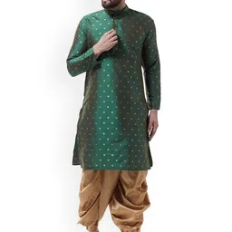 SOJANYA Men Green & Gold-Coloured Self Design Kurta with Dhoti Pants-19