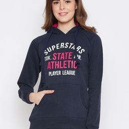 Austin wood Women Navy Blue Printed Hooded Sweatshirt-image-1