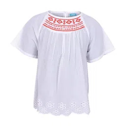 Miyo Girls White & Red Embroidered Pure Cotton Top-3