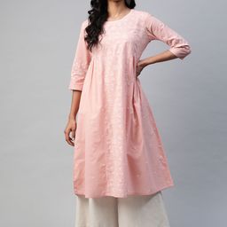 akheri Women Peach-Coloured Floral Embroidered Chikankari Cotton Anarkali Kurta-image-65