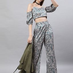 STREET 9 Women Beige & Teal Green Off-Shoulder Animal Printed Two-Piece-1