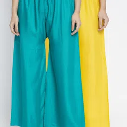 GRACIT Women Yellow & Turquoise Blue Set of 2 Solid Flared Palazzos-image-51