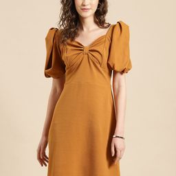 WoowZerz Women Mustard Yellow A-Line Bow Dress-image-50
