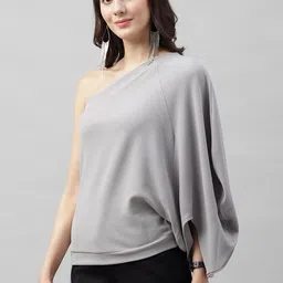 Athena Women Grey Solid One Shoulder Top with Side Knot Detail-picture-0