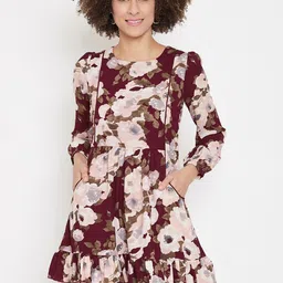 La Zoire Women Maroon & Pink Floral Printed Fit and Flare Dress-image-57