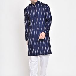 Hangup Men Navy Blue & White Geometric Printed Indigo Kurta-picture-17