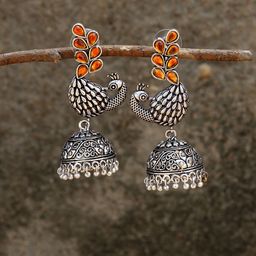 Silvermerc Designs Silver-Plated Orange Oxidised Peacock Shaped Jhumkas-image-12