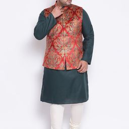 KISAH PLUS Men Green Solid Kurta with Churidar & Jacket-image-25