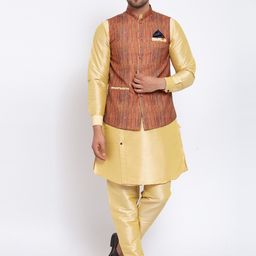 KLOTTHE Men Gold-Toned & Brown Layered Straight Kurta & Pyjamas With Nehru Jacket-picture-10