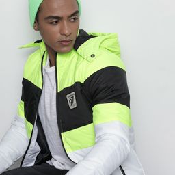 The Indian Garage Co Men Black & Fluorescent Green Colourblocked  Bomber Jacket-55