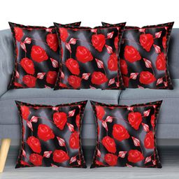 Kuber Industries Black & Red Set of 5 Floral Square Cushion Covers-22
